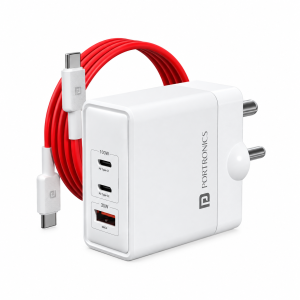 Portronics Adapto 100 100W GaN Fast Charger with Type-C Cable, 2 USB-C PD & USB-A Ports, Fast Charging Adapter for Laptops, MacBooks, Smartphones & Tablets – (White)