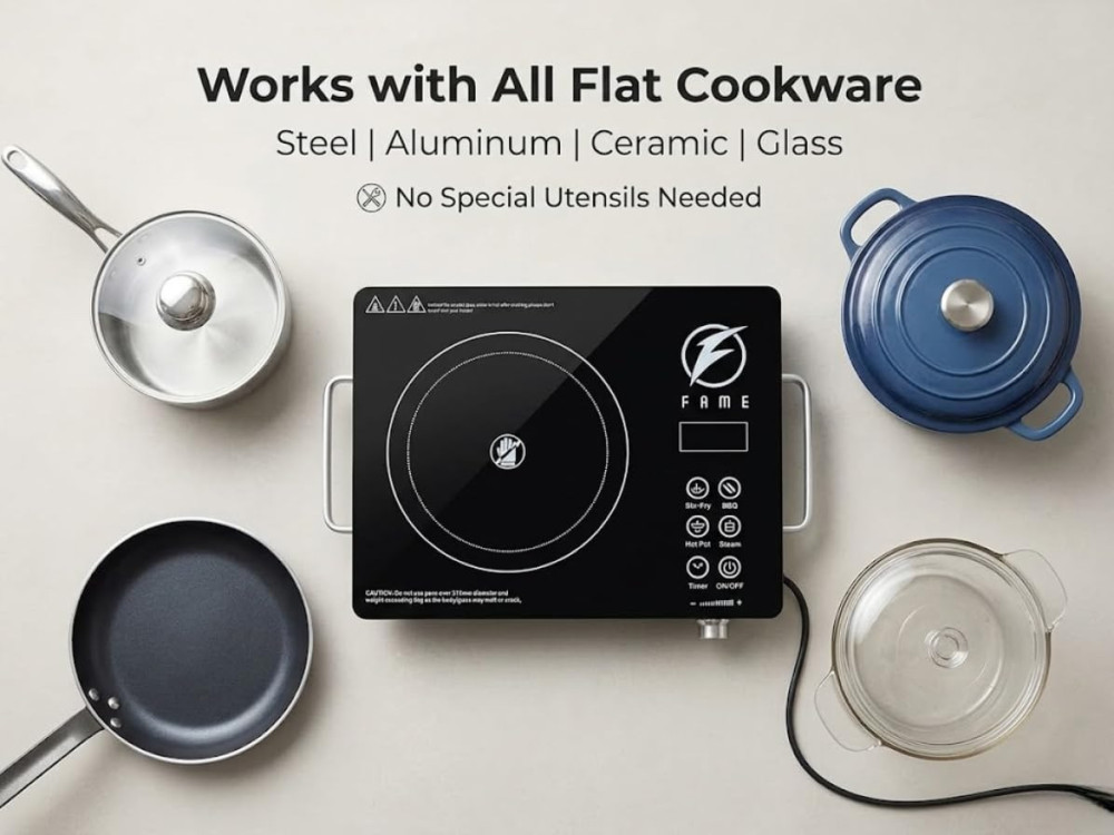 Fame Infrared Cooktop with Grill Rack 2200W Electric Stove | Crystal Glass Top | Fast & Even Heating | Tandoor Style Cooking | All Utensil Compatible | Compact Portable Design