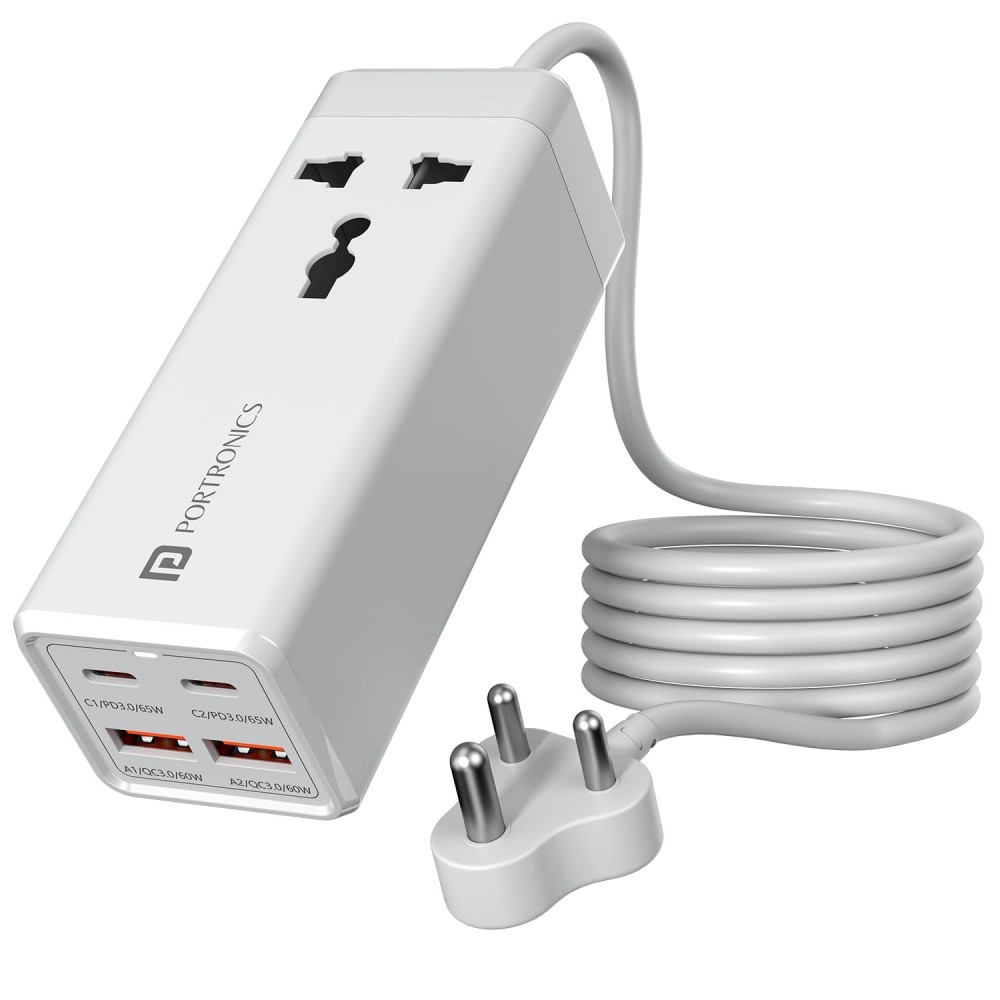 Portronics Adapto Volt 65 65W 5-in-1 Power Strip with 2 USB-C PD, 2 USB Ports & AC Socket for Laptop, iPhone, Smartphone & Tablet – (White)