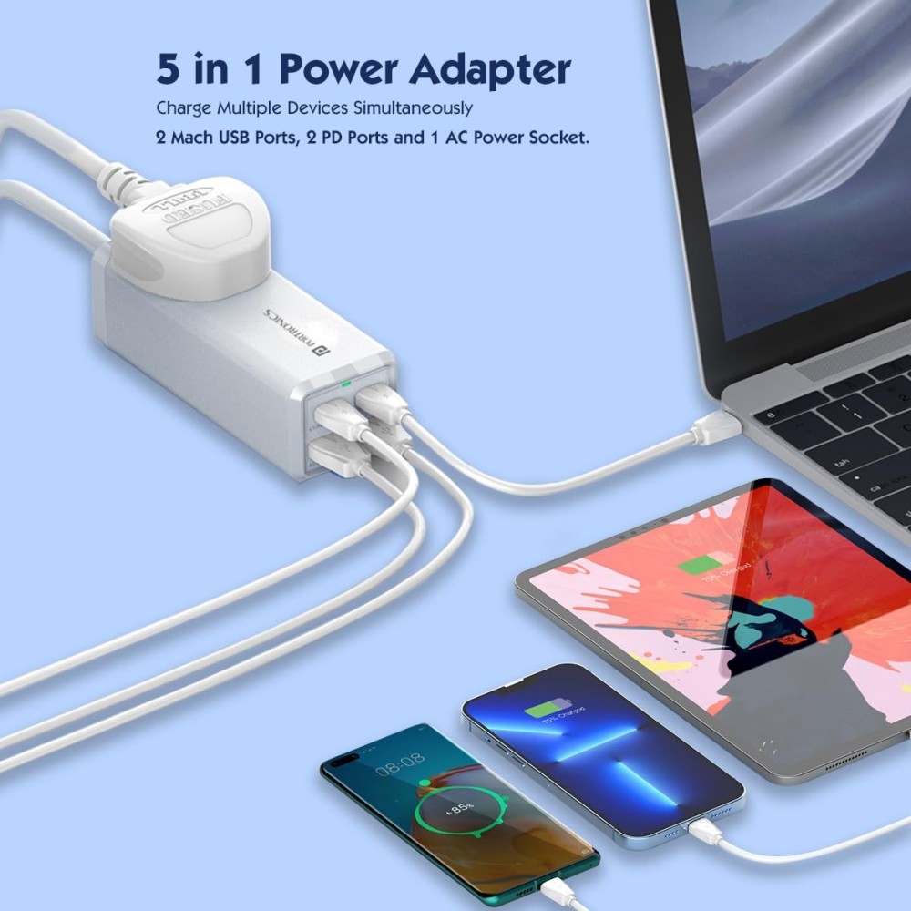 Portronics Adapto Volt 65 65W 5-in-1 Power Strip with 2 USB-C PD, 2 USB Ports & AC Socket for Laptop, iPhone, Smartphone & Tablet – (White)