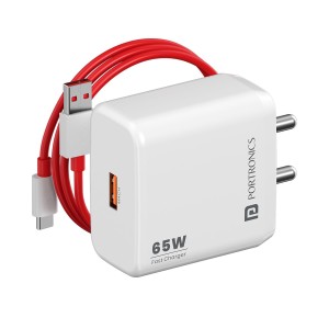 Portronics Adapto 65A 65W Fast Charger Adapter with USB-A to Type-C 1M Cable | SuperVOOC Charger for OnePlus, Oppo, Realme & Other Smartphones - (White)