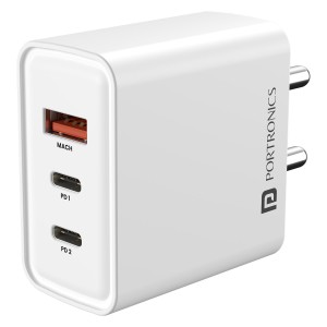 Portronics Adapto 65M 65W Triple Port Fast Charging Laptop Adapter | 2 USB-C PD + USB-A Charger for Laptops, MacBook, iPad, Smartphones & Tablets - (White)