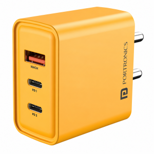 Portronics Adapto 65M 65W Triple Port Fast Charging Laptop Adapter | 2 USB-C PD + USB-A Charger for Laptops, MacBook, iPad, Smartphones & Tablets - (Yellow)