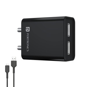 Portronics Adapto 66 12W Dual USB Wall Charger with 1M Micro USB Cable | 2.4A Fast Charging Adapter for Smartphones - (Black)