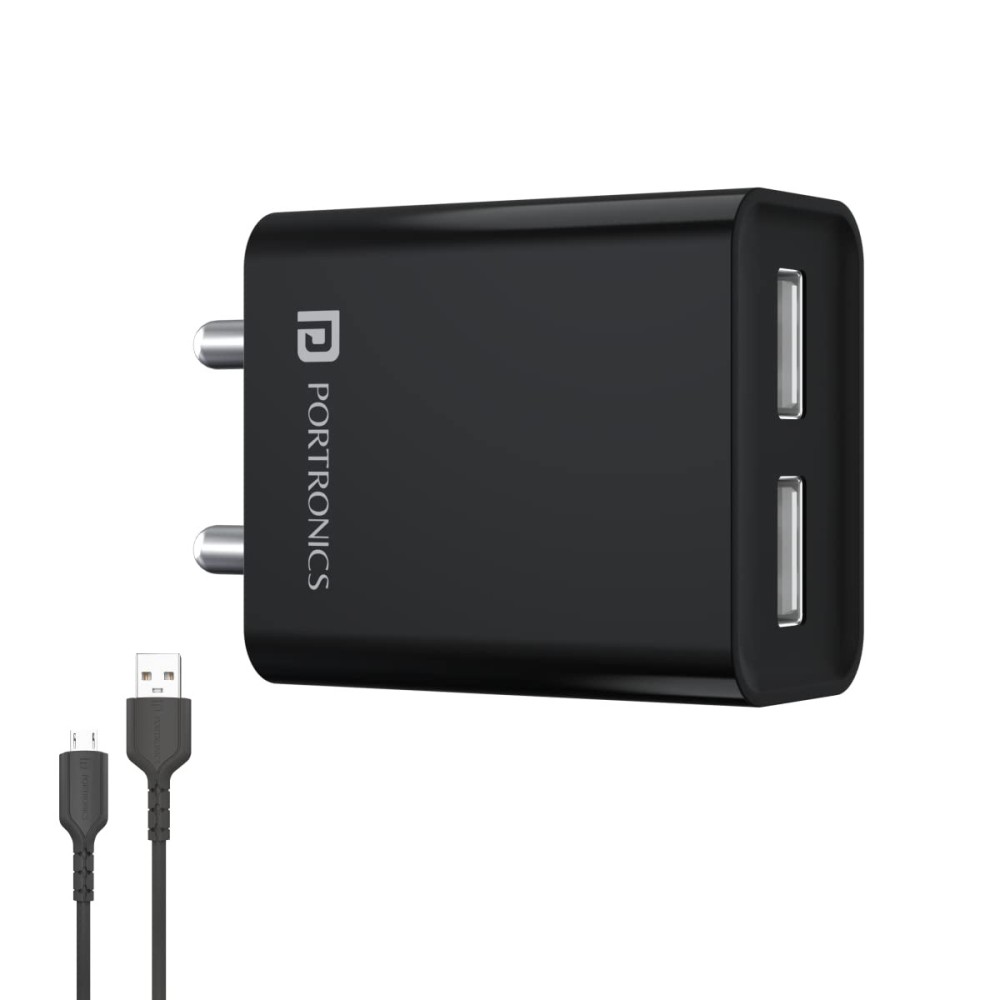 Portronics Adapto 66 12W Dual USB Wall Charger with 1M Micro USB Cable | 2.4A Fast Charging Adapter for Smartphones - (Black)