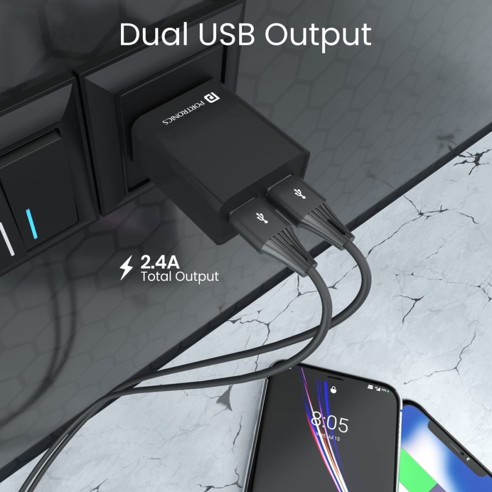 Portronics Adapto 66 12W Dual USB Wall Charger with 1M Micro USB Cable | 2.4A Fast Charging Adapter for Smartphones - (Black)