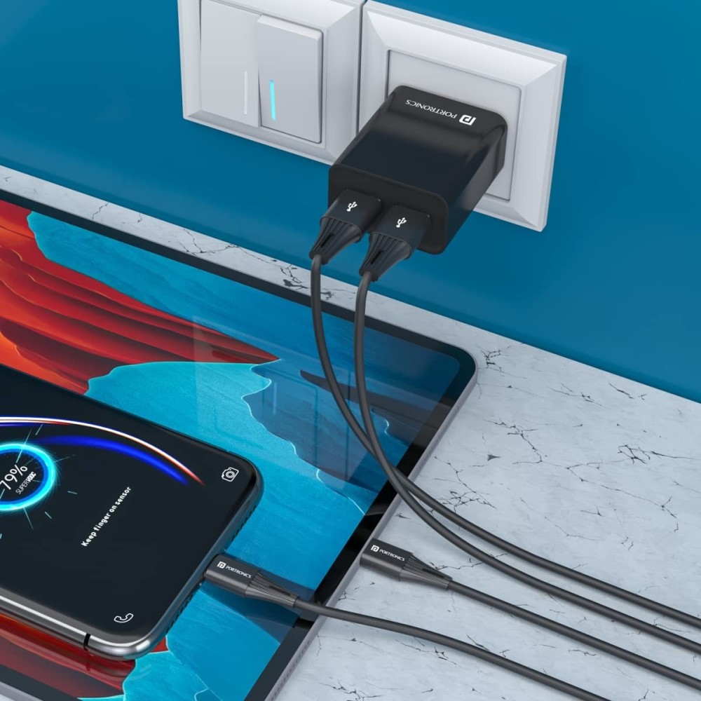 Portronics Adapto 66 12W Dual USB Wall Charger with 1M Micro USB Cable | 2.4A Fast Charging Adapter for Smartphones - (Black)