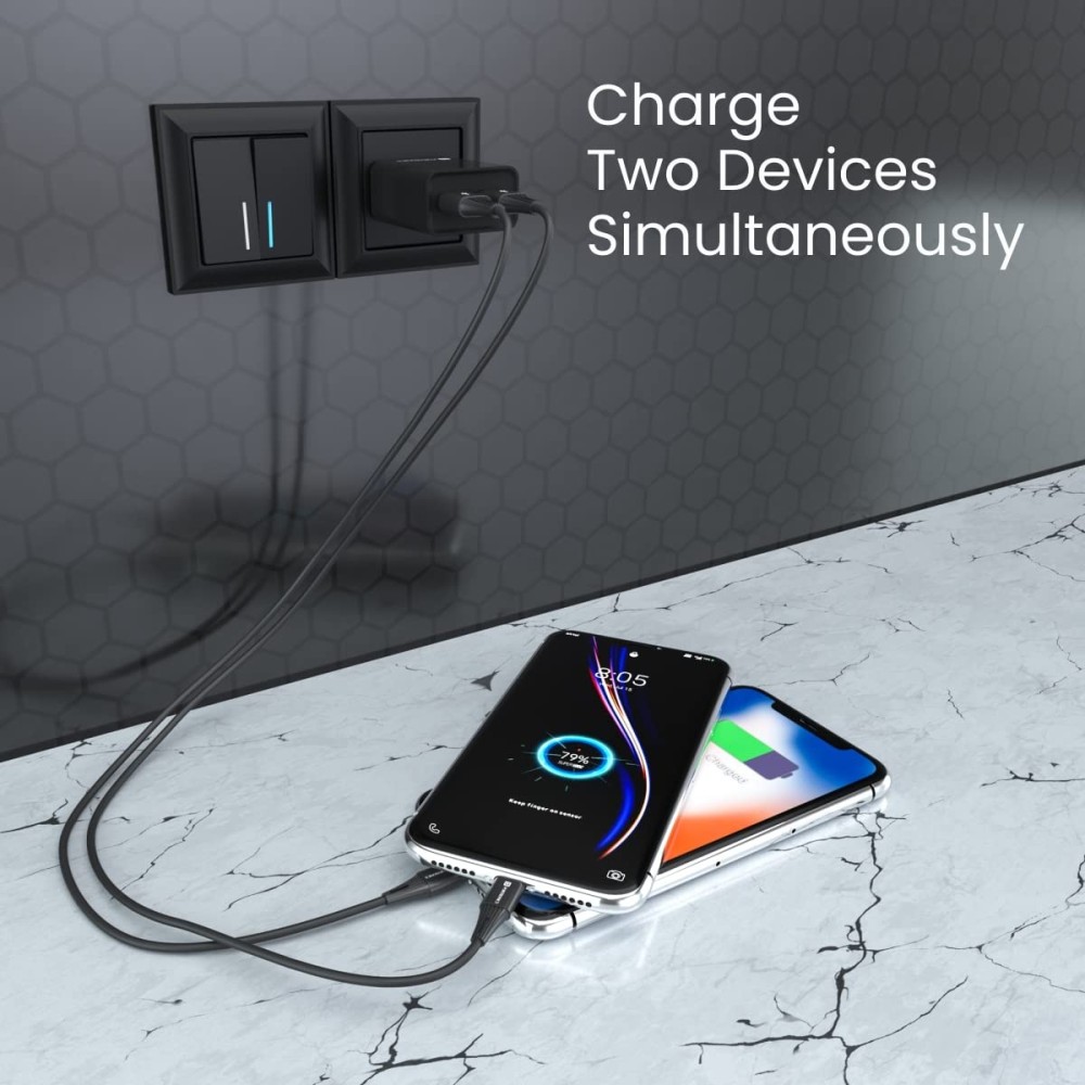 Portronics Adapto 66 12W Dual USB Wall Charger with 1M Micro USB Cable | 2.4A Fast Charging Adapter for Smartphones - (Black)