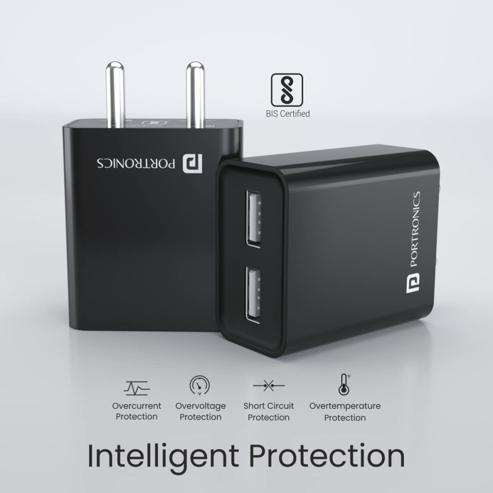 Portronics Adapto 66 12W Dual USB Wall Charger with 1M Micro USB Cable | 2.4A Fast Charging Adapter for Smartphones - (Black)