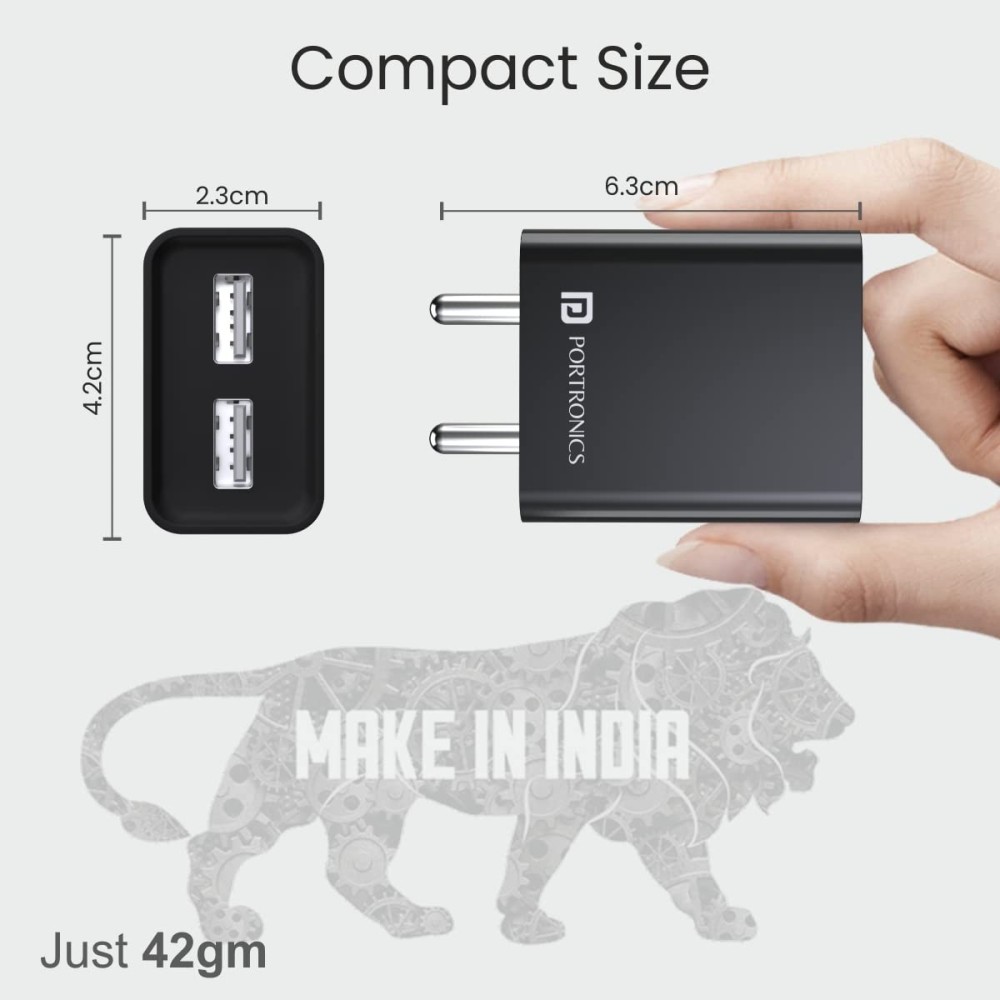 Portronics Adapto 66 12W Dual USB Wall Charger with 1M Micro USB Cable | 2.4A Fast Charging Adapter for Smartphones - (Black)