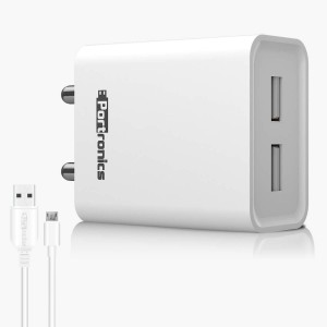 Portronics Adapto 66 12W Dual USB Wall Charger 5V/2.4A with 1M Micro USB Cable for iPhone & Smartphones – (White)