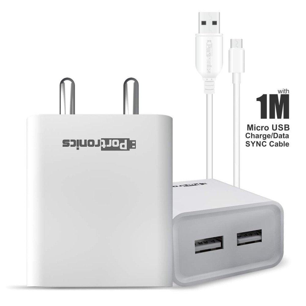 Portronics Adapto 66 12W Dual USB Wall Charger 5V/2.4A with 1M Micro USB Cable for iPhone & Smartphones – (White)