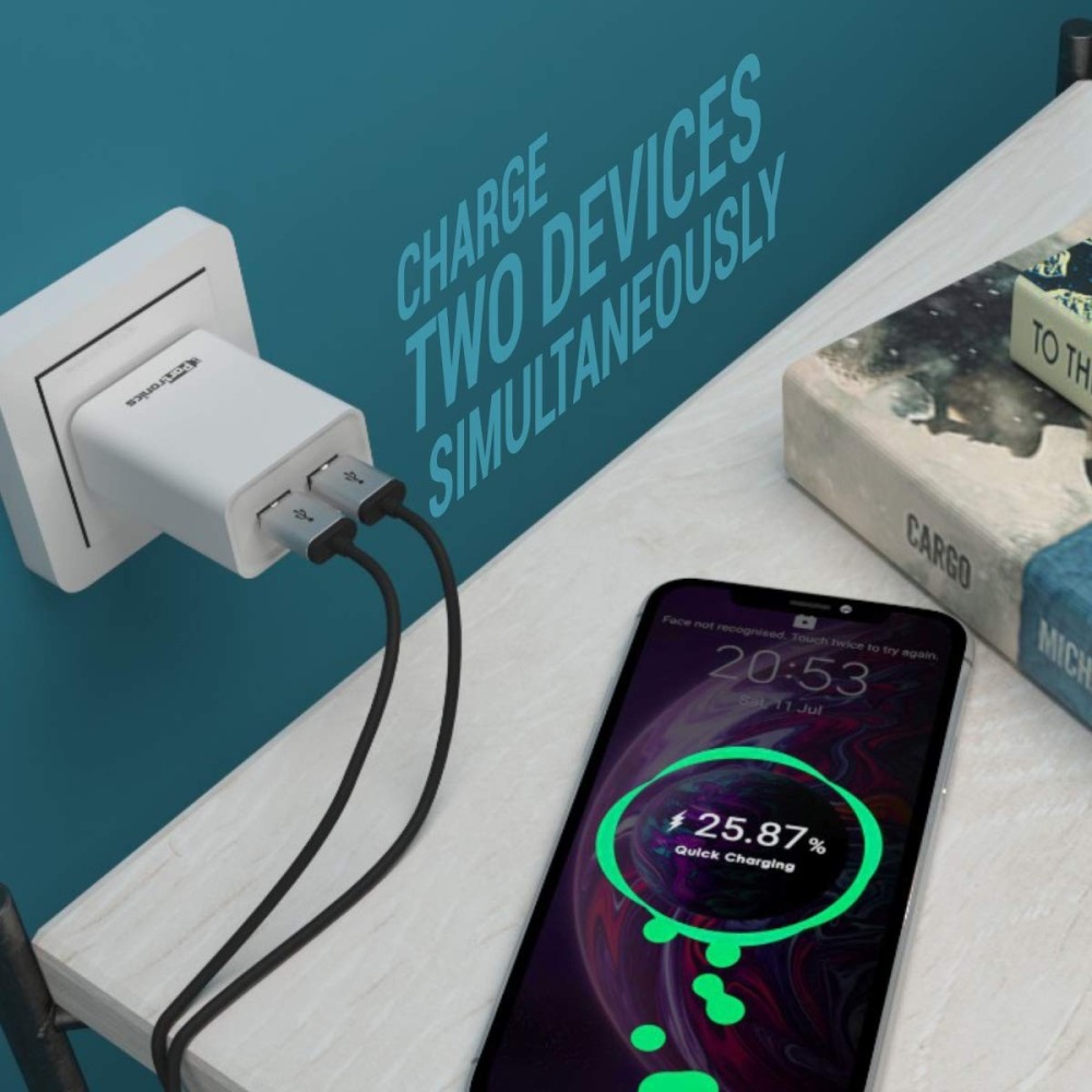 Portronics Adapto 66 12W Dual USB Wall Charger 5V/2.4A with 1M Micro USB Cable for iPhone & Smartphones – (White)