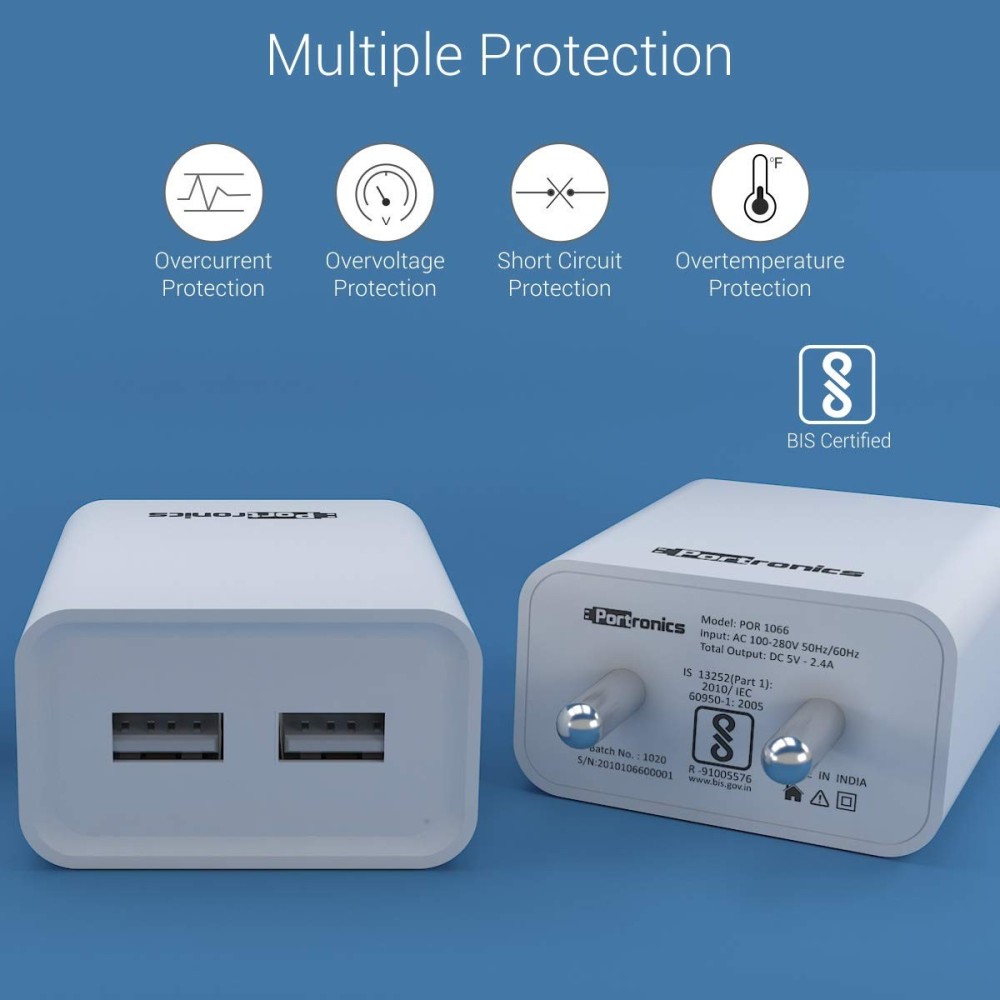 Portronics Adapto 66 12W Dual USB Wall Charger 5V/2.4A with 1M Micro USB Cable for iPhone & Smartphones – (White)