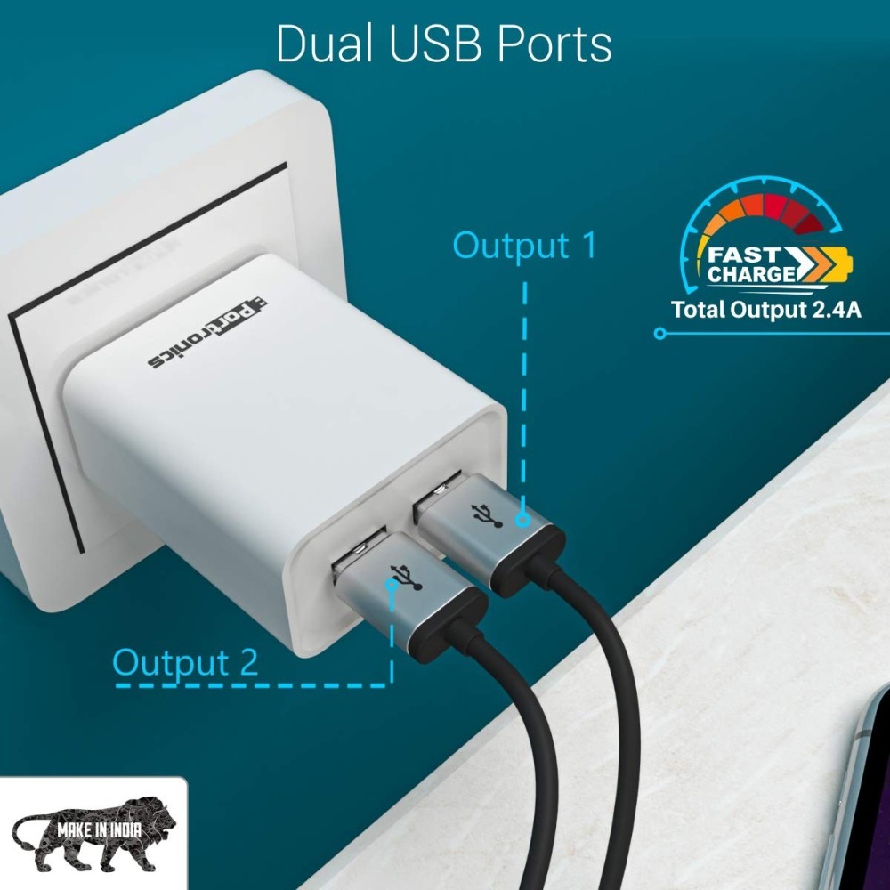Portronics Adapto 66 12W Dual USB Wall Charger 5V/2.4A with 1M Micro USB Cable for iPhone & Smartphones – (White)
