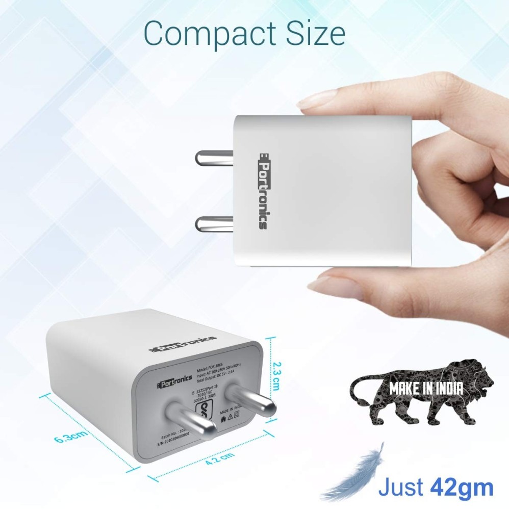 Portronics Adapto 66 12W Dual USB Wall Charger 5V/2.4A with 1M Micro USB Cable for iPhone & Smartphones – (White)