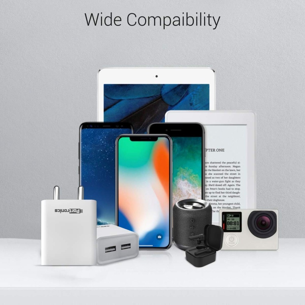 Portronics Adapto 66 12W Dual USB Wall Charger 5V/2.4A with 1M Micro USB Cable for iPhone & Smartphones – (White)