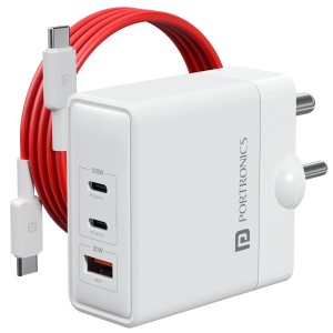 Portronics Adapto 100 100W GaN Fast Charger with Type-C Cable | 2 USB-C PD + USB-A Fast Charging Adapter for Laptops, MacBooks, Smartphones & Tablets - (White)