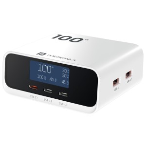 Portronics Adapto 100D 100W Fast Charging 5-Port GaN Charger with LCD Display | 3 USB-C PD + 2 USB-A - (White)