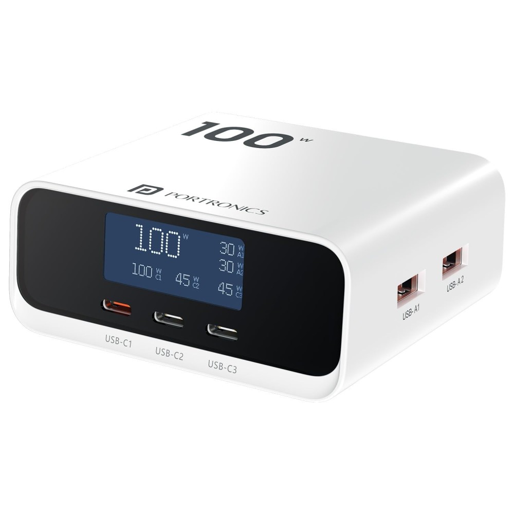 Portronics Adapto 100D 100W Fast Charging 5-Port GaN Charger with LCD Display | 3 USB-C PD + 2 USB-A - (White)