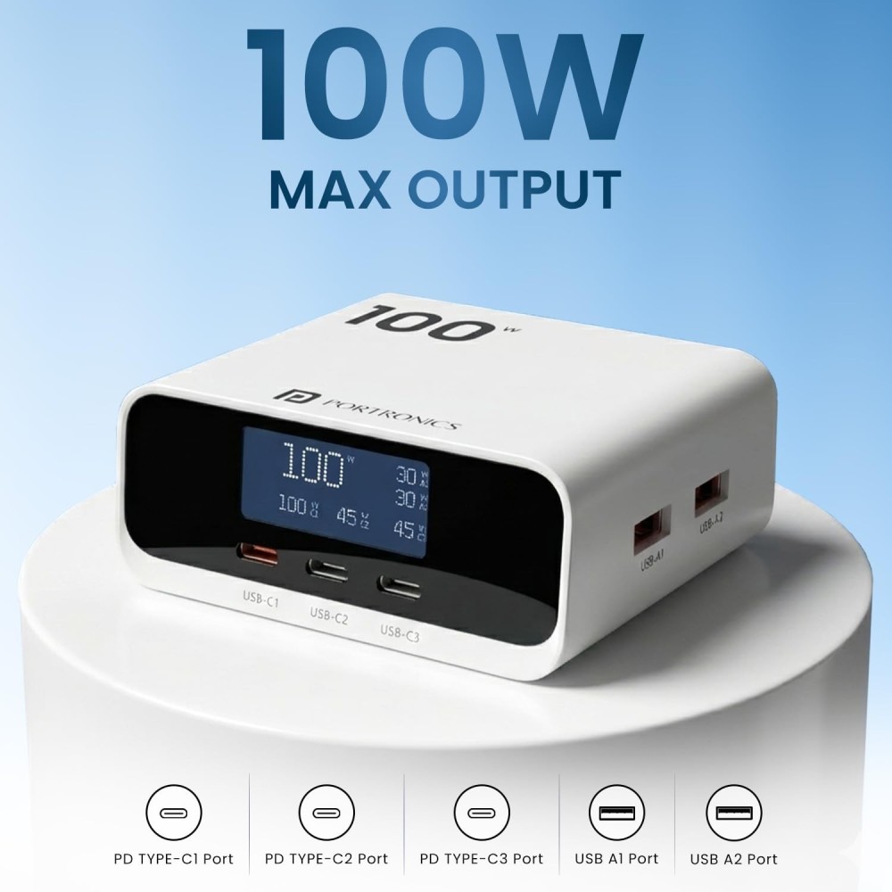 Portronics Adapto 100D 100W Fast Charging 5-Port GaN Charger with LCD Display | 3 USB-C PD + 2 USB-A - (White)
