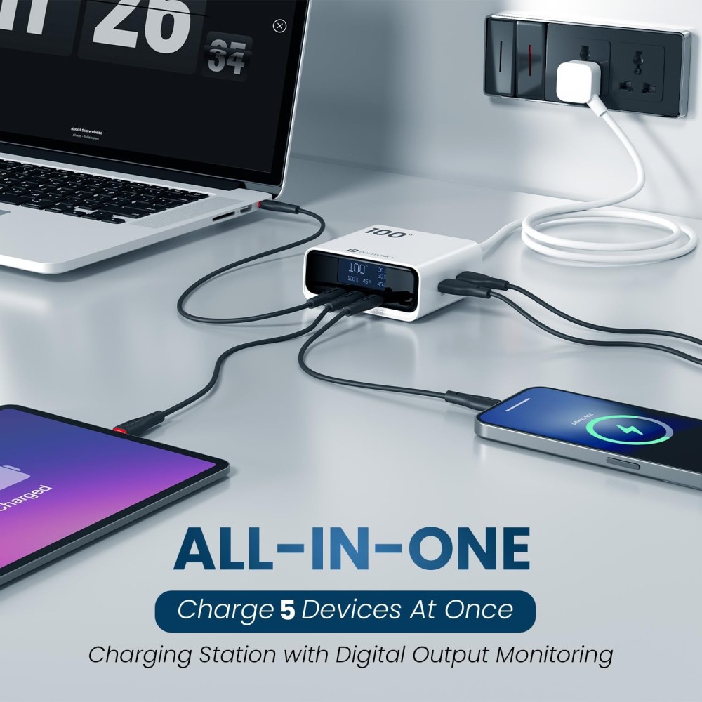 Portronics Adapto 100D 100W Fast Charging 5-Port GaN Charger with LCD Display | 3 USB-C PD + 2 USB-A - (White)