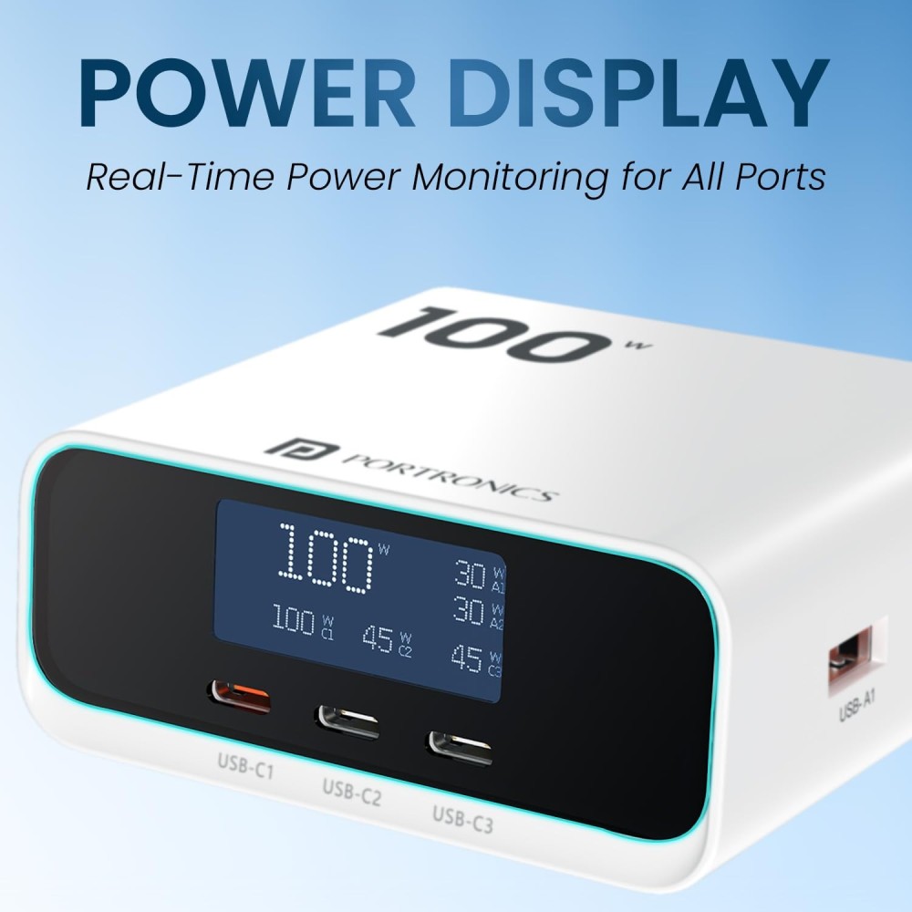 Portronics Adapto 100D 100W Fast Charging 5-Port GaN Charger with LCD Display | 3 USB-C PD + 2 USB-A - (White)