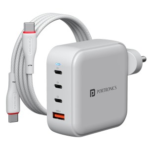 Portronics Adapto 100 Pro 100W GaN Fast Charging Adapter with 1.5M USB-C Cable | 3 USB-C PD + 1 USB-A | Laptop, MacBook & Smartphone Charger - (White)