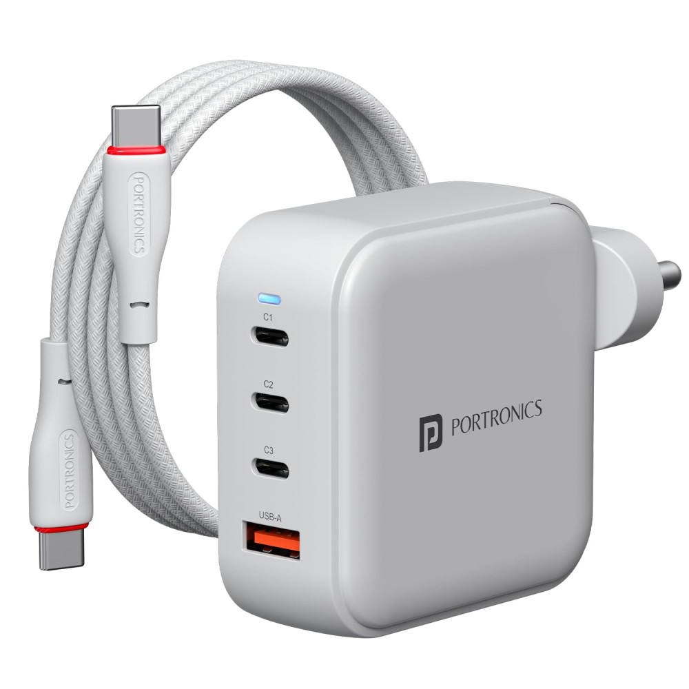 Portronics Adapto 100 Pro 100W GaN Fast Charging Adapter with 1.5M USB-C Cable | 3 USB-C PD + 1 USB-A | Laptop, MacBook & Smartphone Charger - (White)