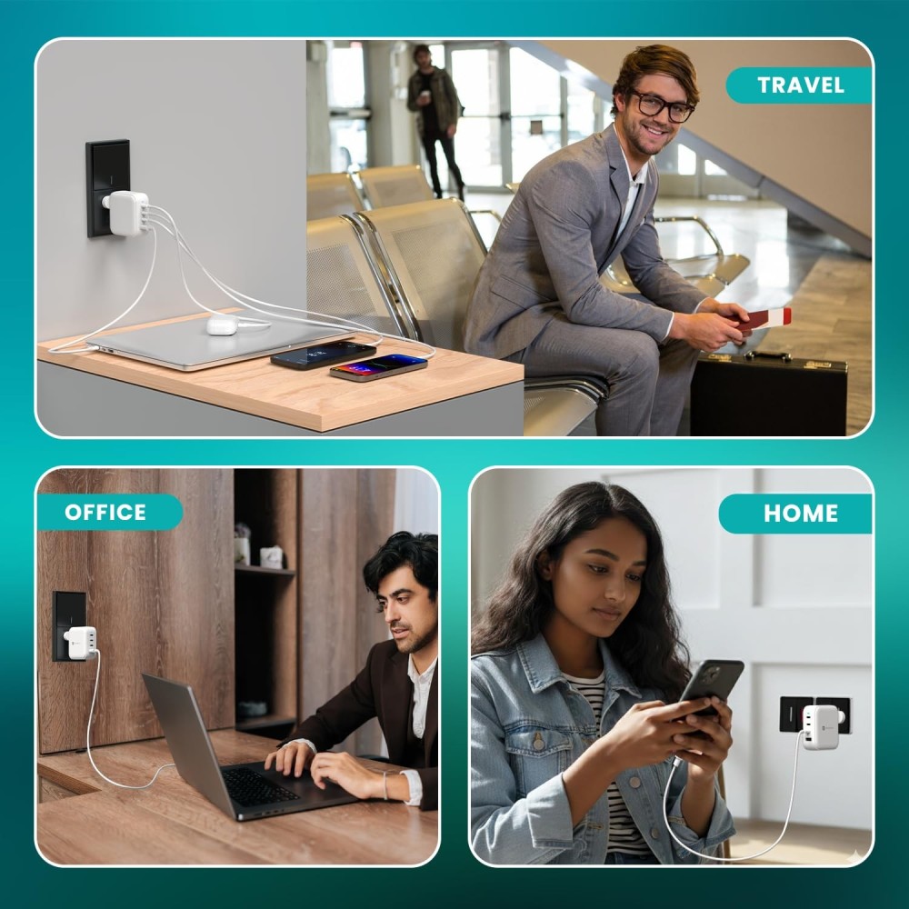 Portronics Adapto 100 Pro 100W GaN Fast Charging Adapter with 1.5M USB-C Cable | 3 USB-C PD + 1 USB-A | Laptop, MacBook & Smartphone Charger - (White)
