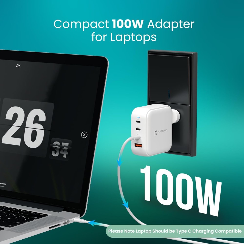 Portronics Adapto 100 Pro 100W GaN Fast Charging Adapter with 1.5M USB-C Cable | 3 USB-C PD + 1 USB-A | Laptop, MacBook & Smartphone Charger - (White)