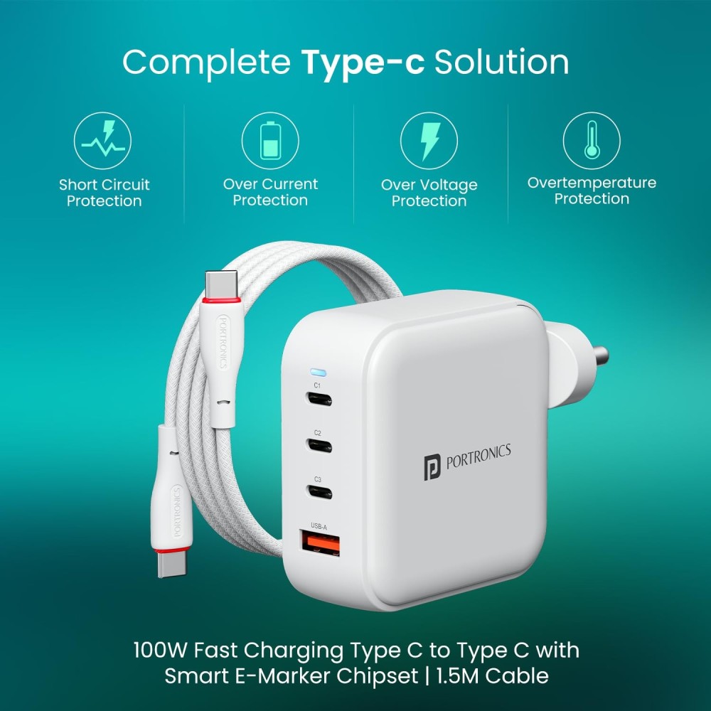 Portronics Adapto 100 Pro 100W GaN Fast Charging Adapter with 1.5M USB-C Cable | 3 USB-C PD + 1 USB-A | Laptop, MacBook & Smartphone Charger - (White)