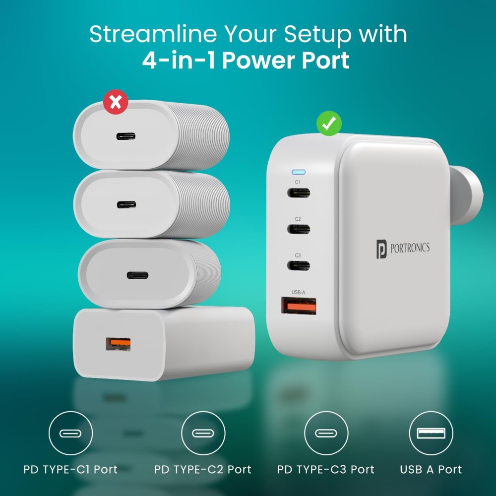 Portronics Adapto 100 Pro 100W GaN Fast Charging Adapter with 1.5M USB-C Cable | 3 USB-C PD + 1 USB-A | Laptop, MacBook & Smartphone Charger - (White)
