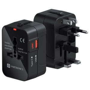 Portronics Juicemate Universal Travel Adapter 20W PD + 18W USB Fast Charger | International All-in-One Travel Plug for 200+ Countries (US, UK, EU, AUS) - (Black)