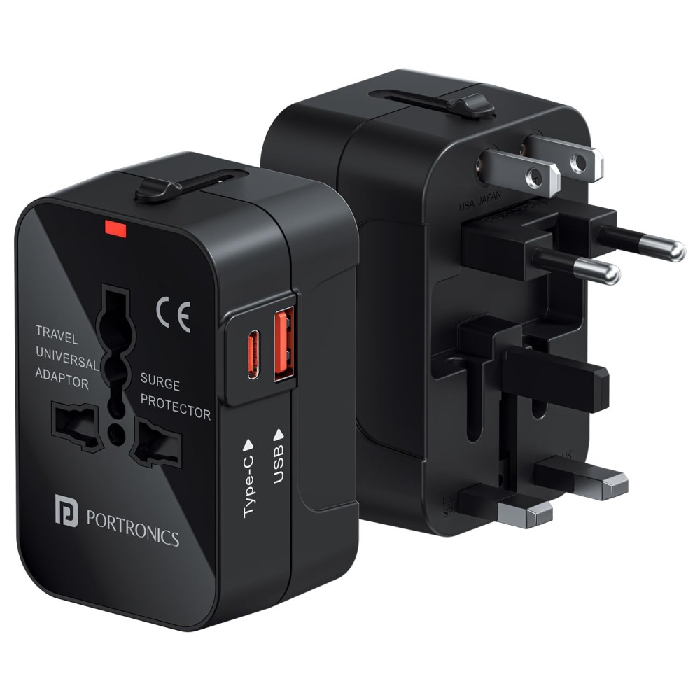 Portronics Juicemate Universal Travel Adapter 20W PD + 18W USB Fast Charger | International All-in-One Travel Plug for 200+ Countries (US, UK, EU, AUS) - (Black)