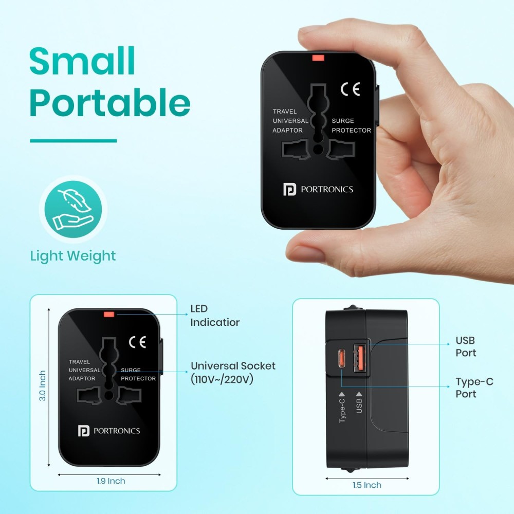 Portronics Juicemate Universal Travel Adapter 20W PD + 18W USB Fast Charger | International All-in-One Travel Plug for 200+ Countries (US, UK, EU, AUS) - (Black)