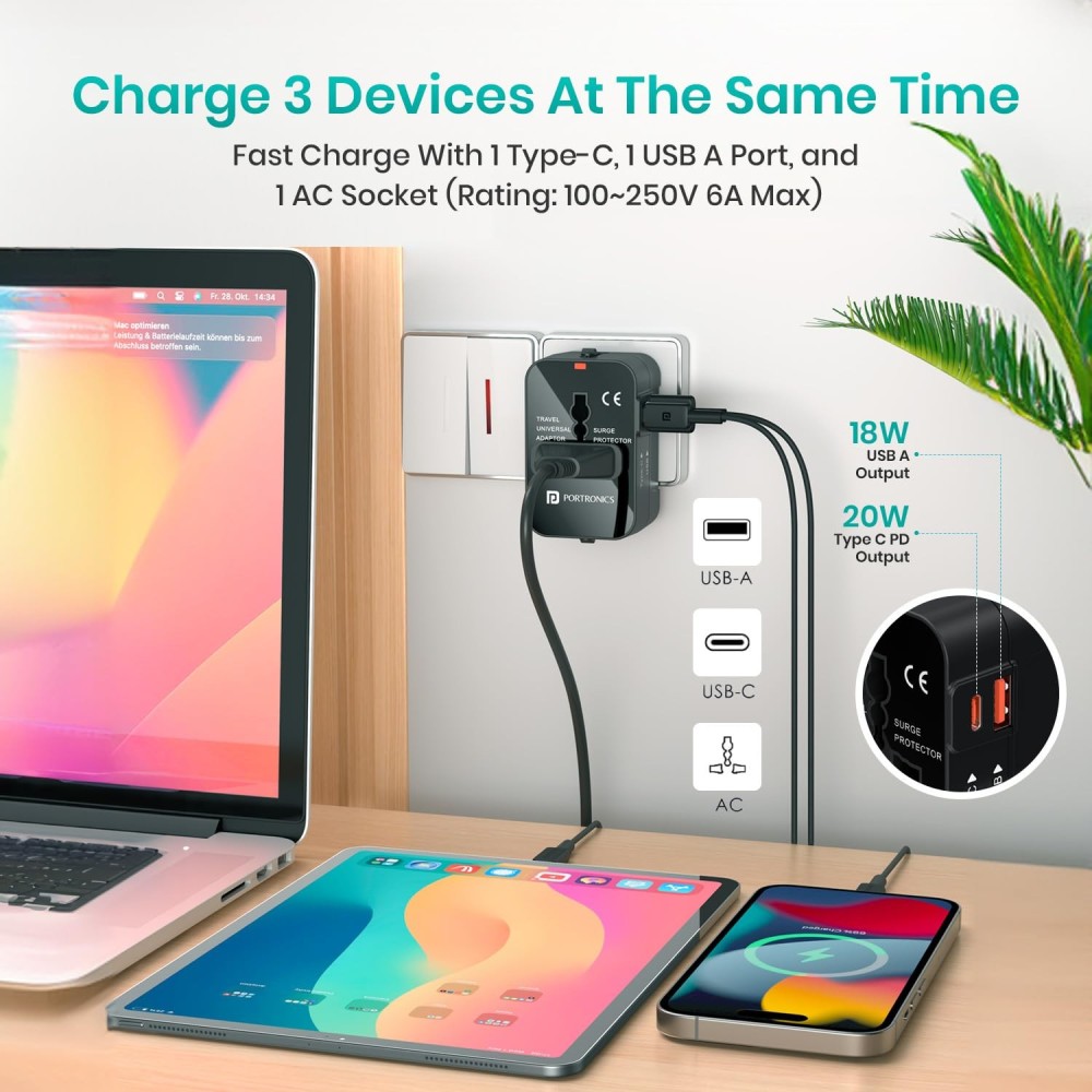 Portronics Juicemate Universal Travel Adapter 20W PD + 18W USB Fast Charger | International All-in-One Travel Plug for 200+ Countries (US, UK, EU, AUS) - (Black)