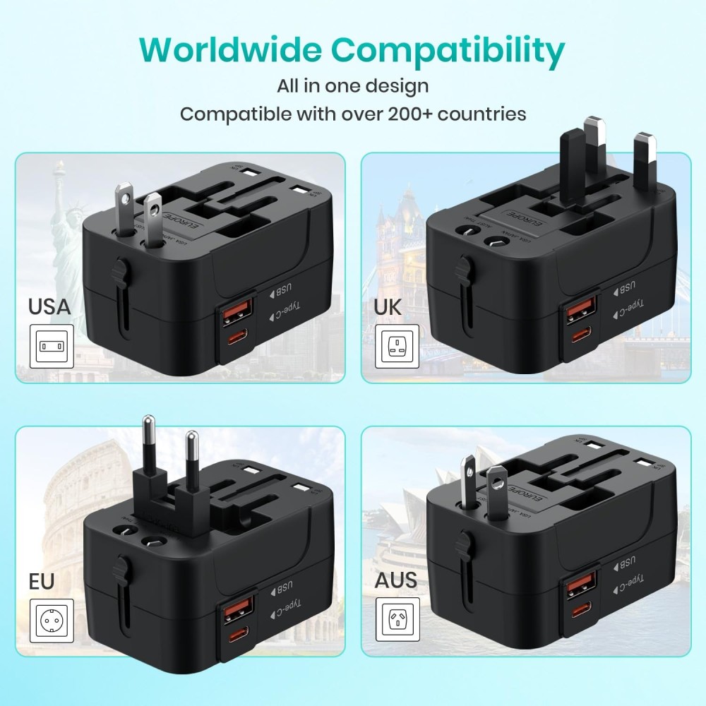 Portronics Juicemate Universal Travel Adapter 20W PD + 18W USB Fast Charger | International All-in-One Travel Plug for 200+ Countries (US, UK, EU, AUS) - (Black)