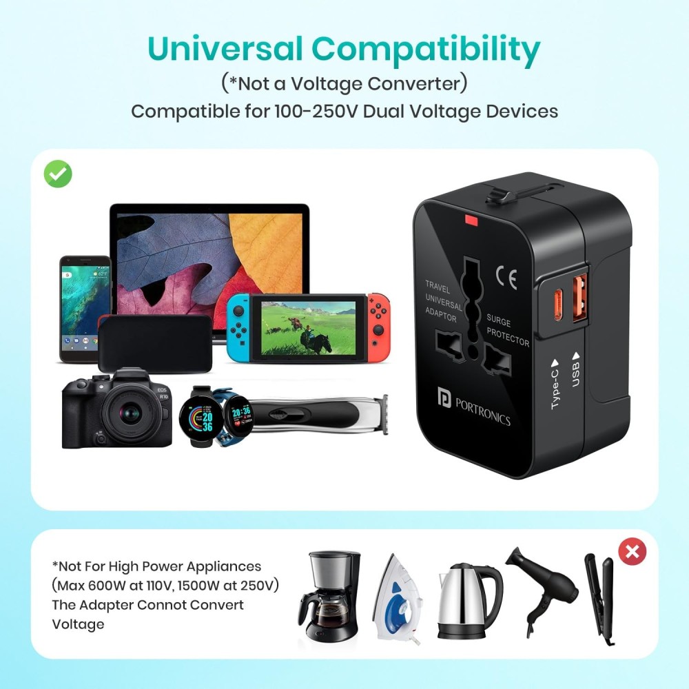 Portronics Juicemate Universal Travel Adapter 20W PD + 18W USB Fast Charger | International All-in-One Travel Plug for 200+ Countries (US, UK, EU, AUS) - (Black)