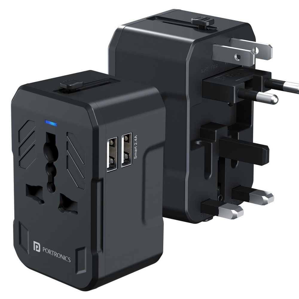 Portronics Juicemate 2 Universal Travel Adapter 12W Dual USB-A Fast Charging | International All-in-One Adapter for 200+ Countries (US/UK/EU/AUS) - (Black)