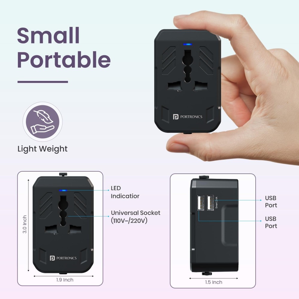 Portronics Juicemate 2 Universal Travel Adapter 12W Dual USB-A Fast Charging | International All-in-One Adapter for 200+ Countries (US/UK/EU/AUS) - (Black)