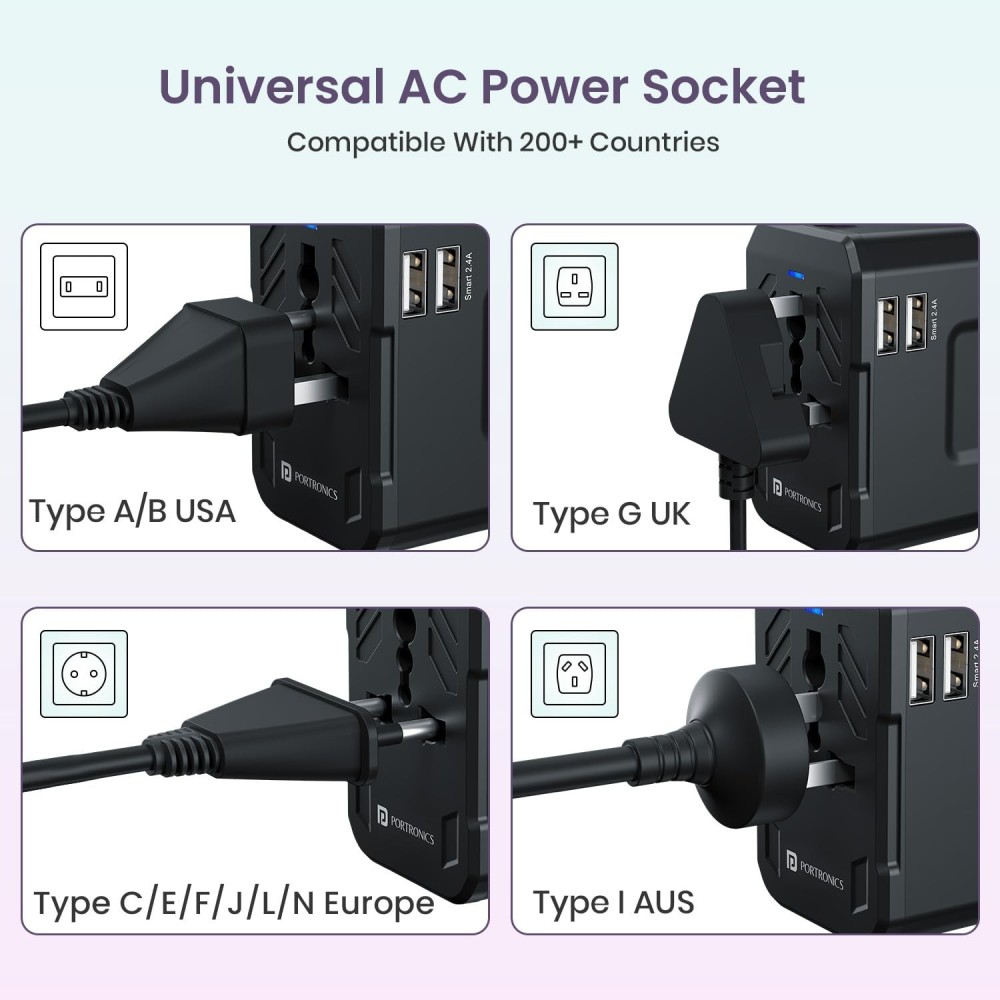 Portronics Juicemate 2 Universal Travel Adapter 12W Dual USB-A Fast Charging | International All-in-One Adapter for 200+ Countries (US/UK/EU/AUS) - (Black)