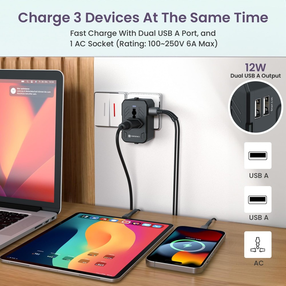 Portronics Juicemate 2 Universal Travel Adapter 12W Dual USB-A Fast Charging | International All-in-One Adapter for 200+ Countries (US/UK/EU/AUS) - (Black)
