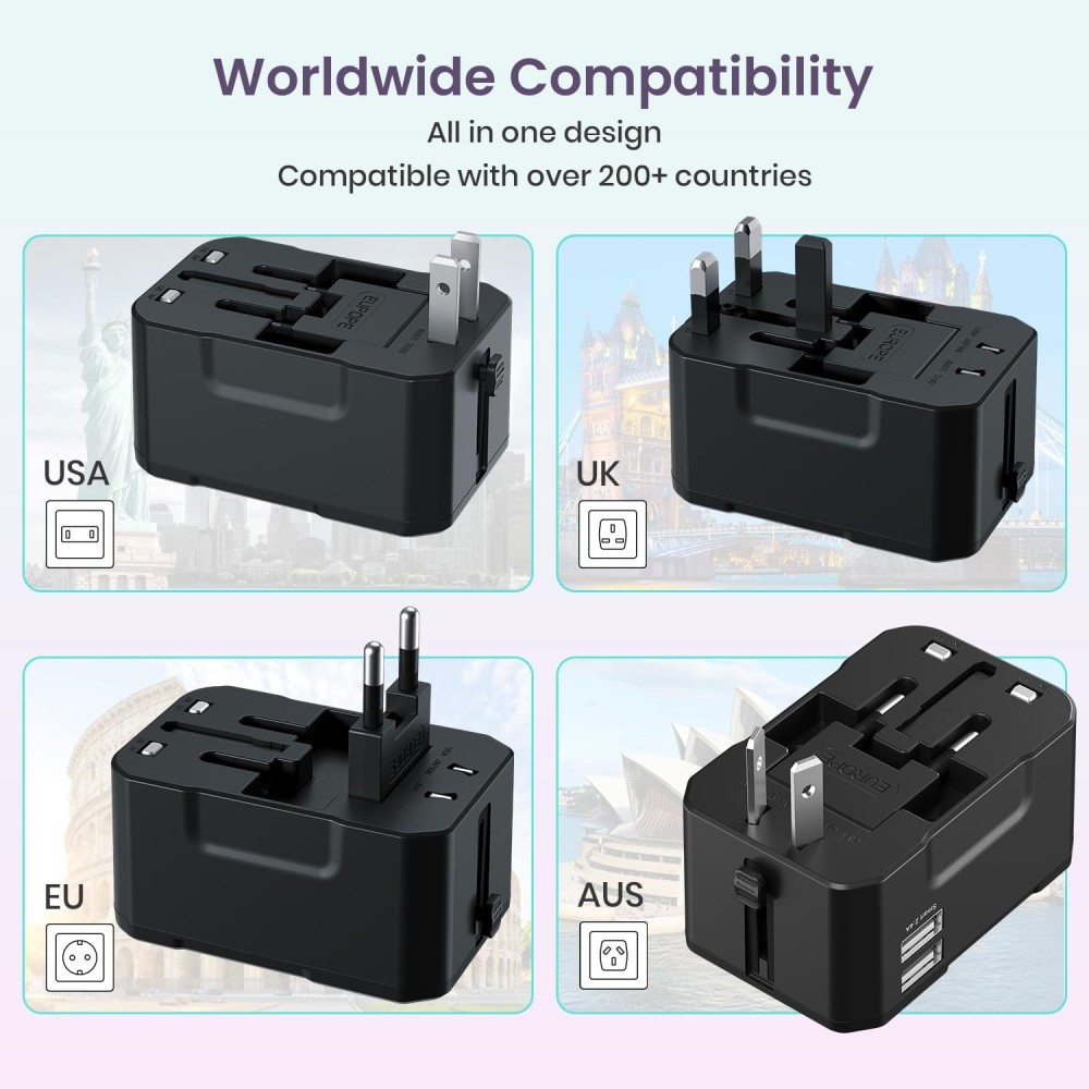 Portronics Juicemate 2 Universal Travel Adapter 12W Dual USB-A Fast Charging | International All-in-One Adapter for 200+ Countries (US/UK/EU/AUS) - (Black)