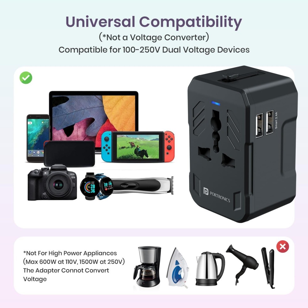 Portronics Juicemate 2 Universal Travel Adapter 12W Dual USB-A Fast Charging | International All-in-One Adapter for 200+ Countries (US/UK/EU/AUS) - (Black)