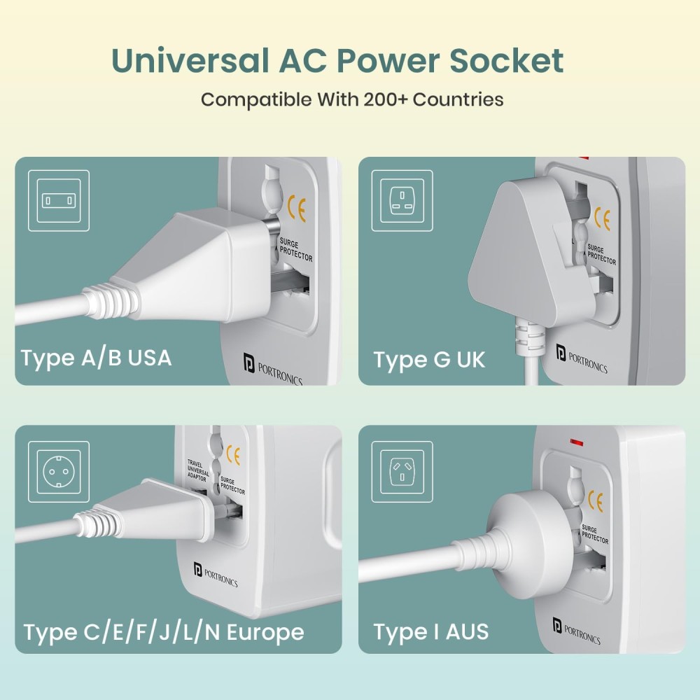 Portronics Juicemate 3 Universal Travel Adapter 6A AC Socket | All-in-One International Plug for 200+ Countries | US, UK, EU, AUS - (White)