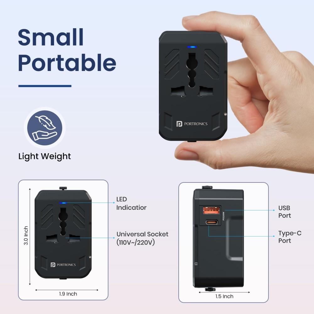 Portronics Juicemate 4 Universal Travel Adapter 20W PD + 18W USB Fast Charger | All-in-One International Adapter for 200+ Countries - (Black)
