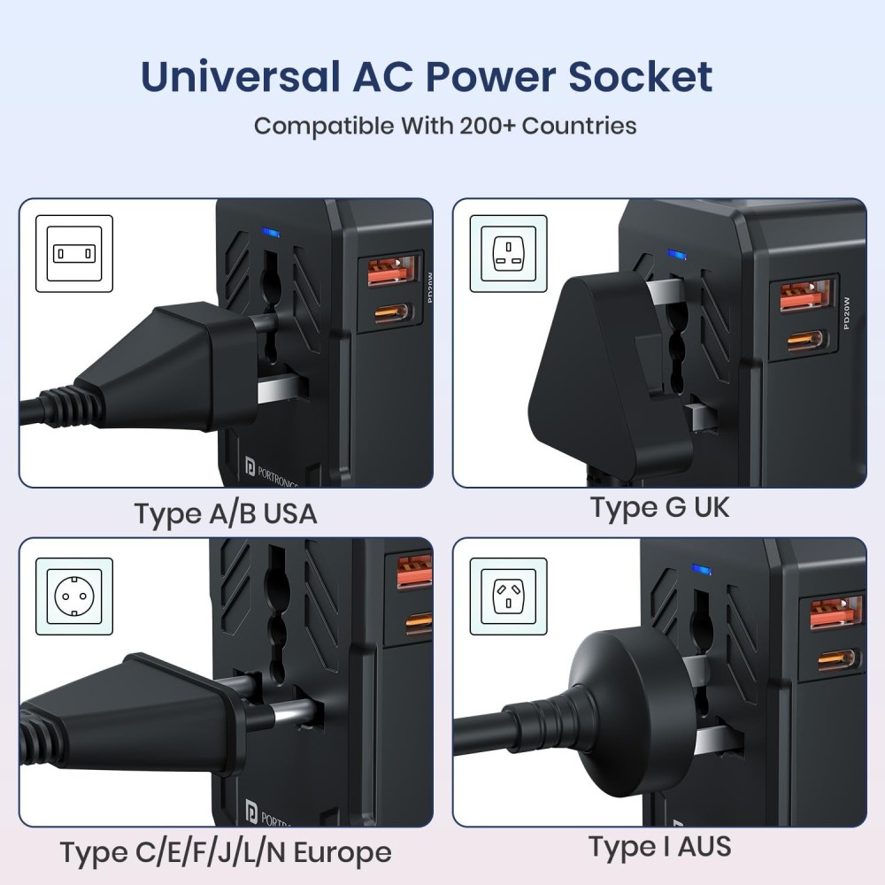 Portronics Juicemate 4 Universal Travel Adapter 20W PD + 18W USB Fast Charger | All-in-One International Adapter for 200+ Countries - (Black)