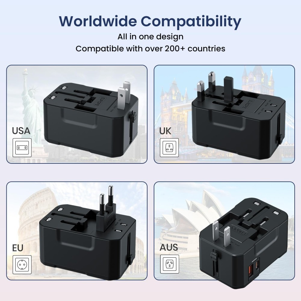 Portronics Juicemate 4 Universal Travel Adapter 20W PD + 18W USB Fast Charger | All-in-One International Adapter for 200+ Countries - (Black)