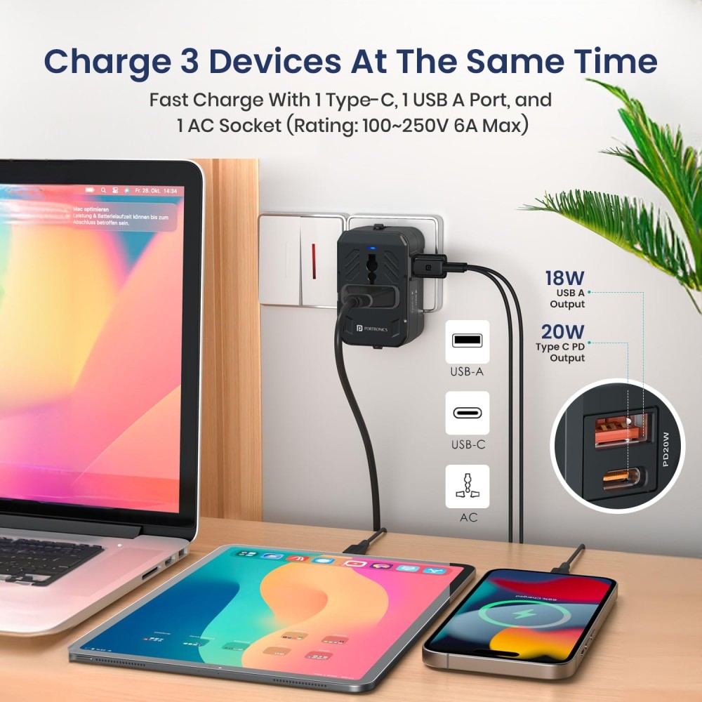Portronics Juicemate 4 Universal Travel Adapter 20W PD + 18W USB Fast Charger | All-in-One International Adapter for 200+ Countries - (Black)